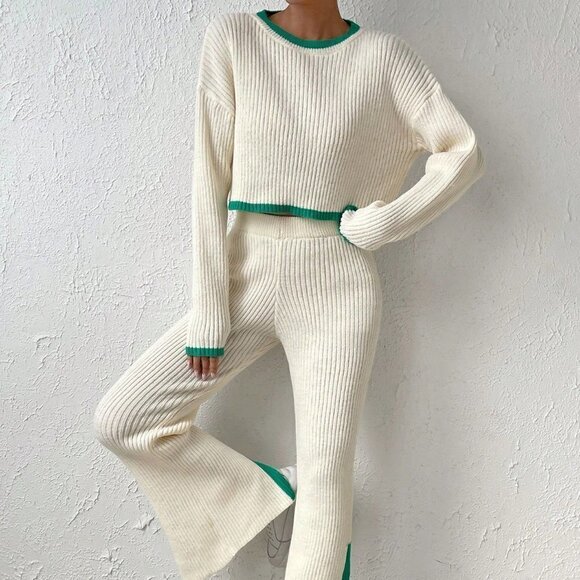 Beige Casual Womens Star Pattern Sweater & Knit Pants - Picture 1 of 5